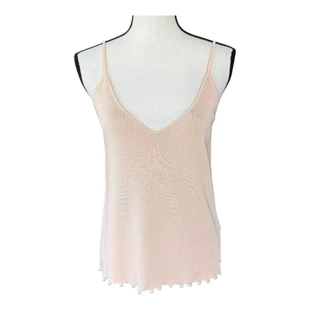 NWT Zara Knit Pink Ribbed Embellished Spaghetti Strap Camisole Top Womens M